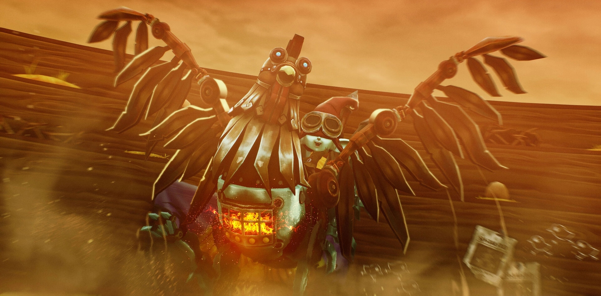 Manairons: Nai rides a mechanical bird with fiery core in a dusty, wooden arena setting