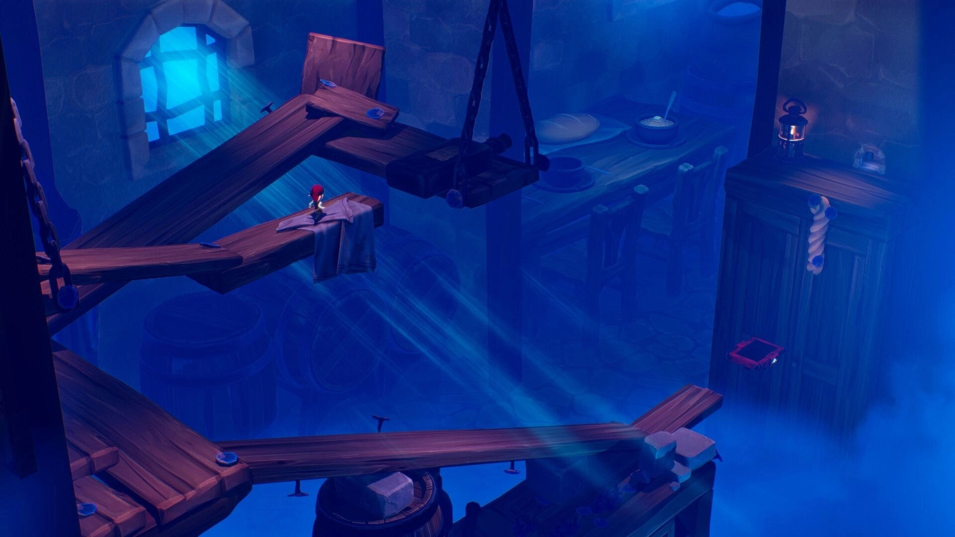 Manairons: Nai navigates wooden platforms in a dimly lit room with barrels and blue light streaming in.