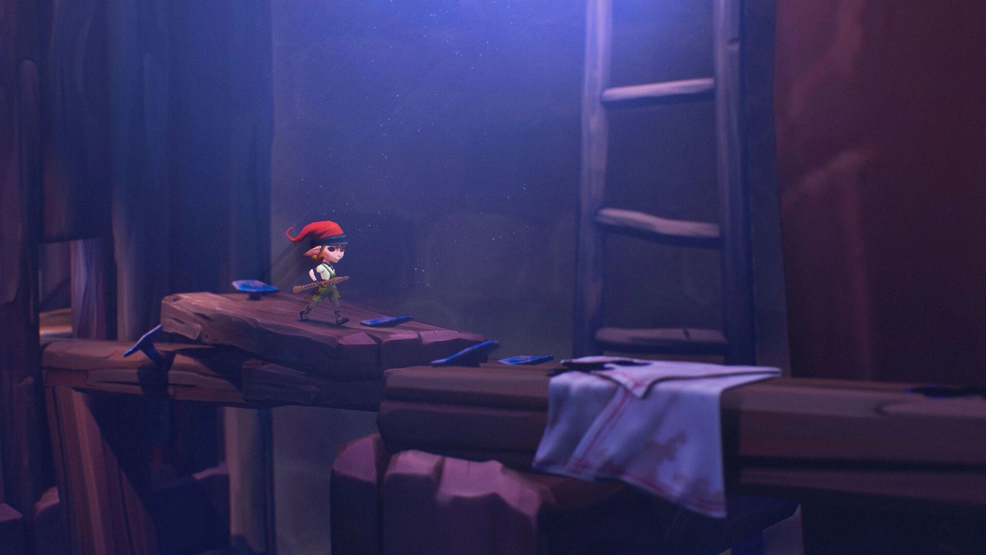 Manairons: Nai traverses a wooden beam in a dimly lit cavern with ladders and scattered objects.