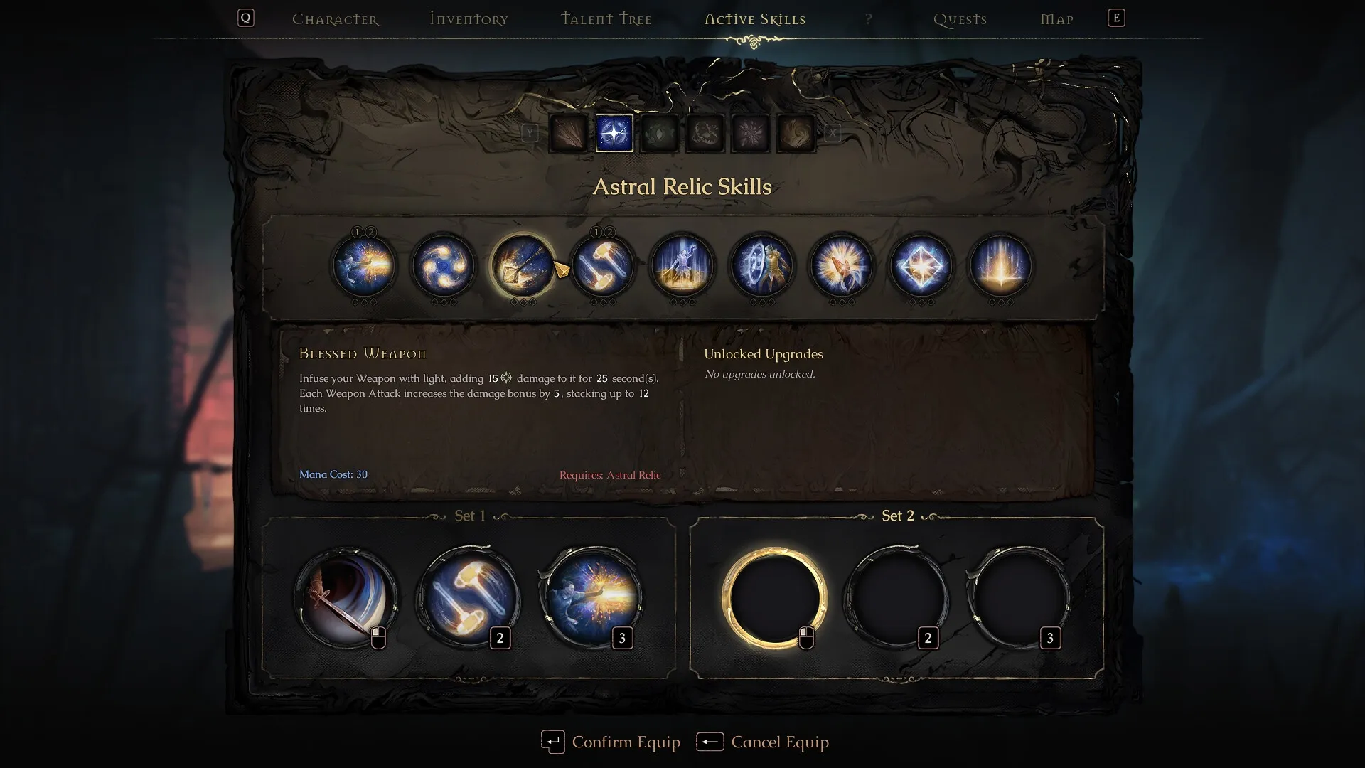 Mandragora: Astral Relic Skills menu with Blessed Weapon description and skill sets displayed