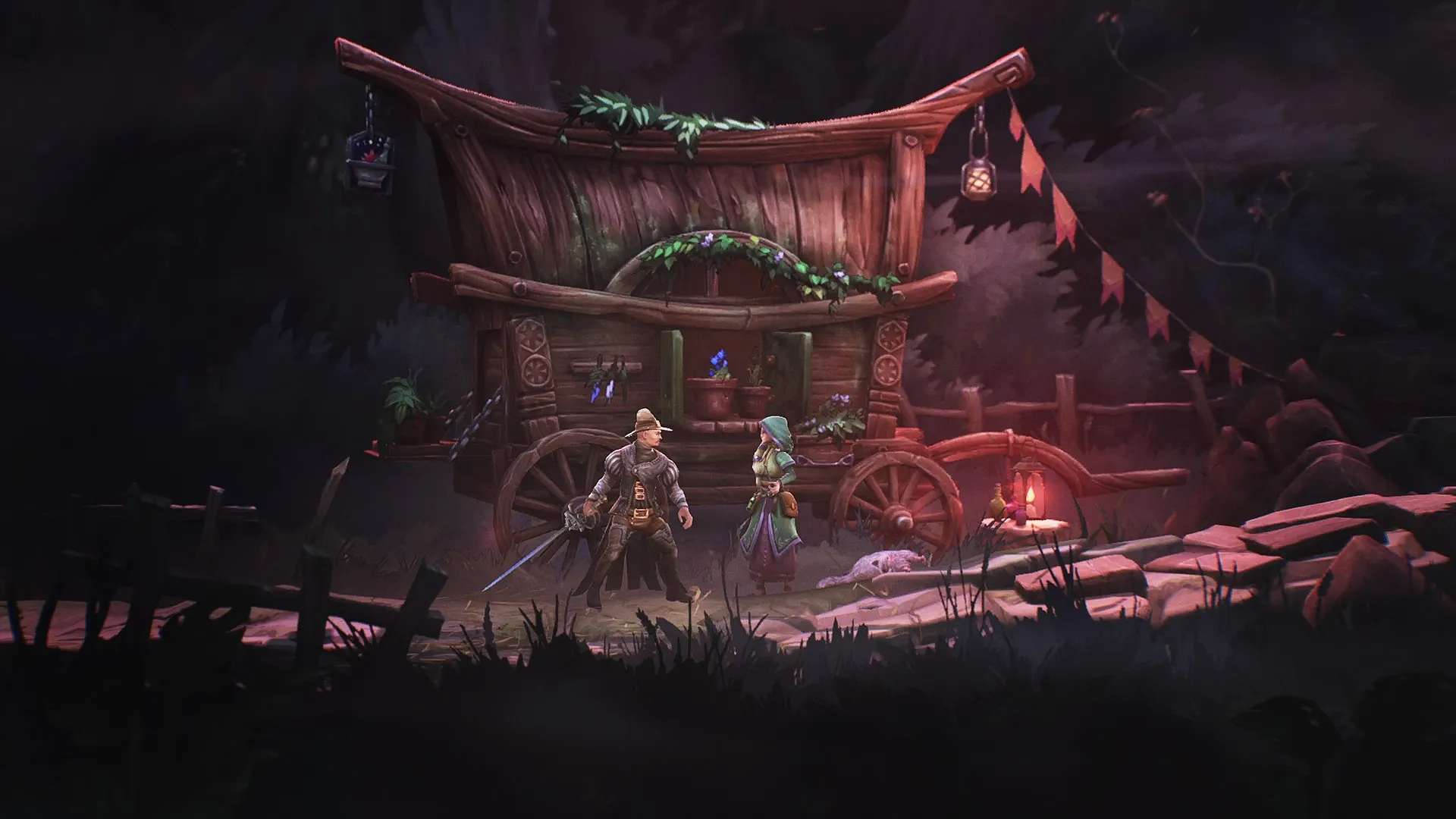 Mandragora: Two characters converse in front of a wooden cart with lanterns and plants in a dark forest.