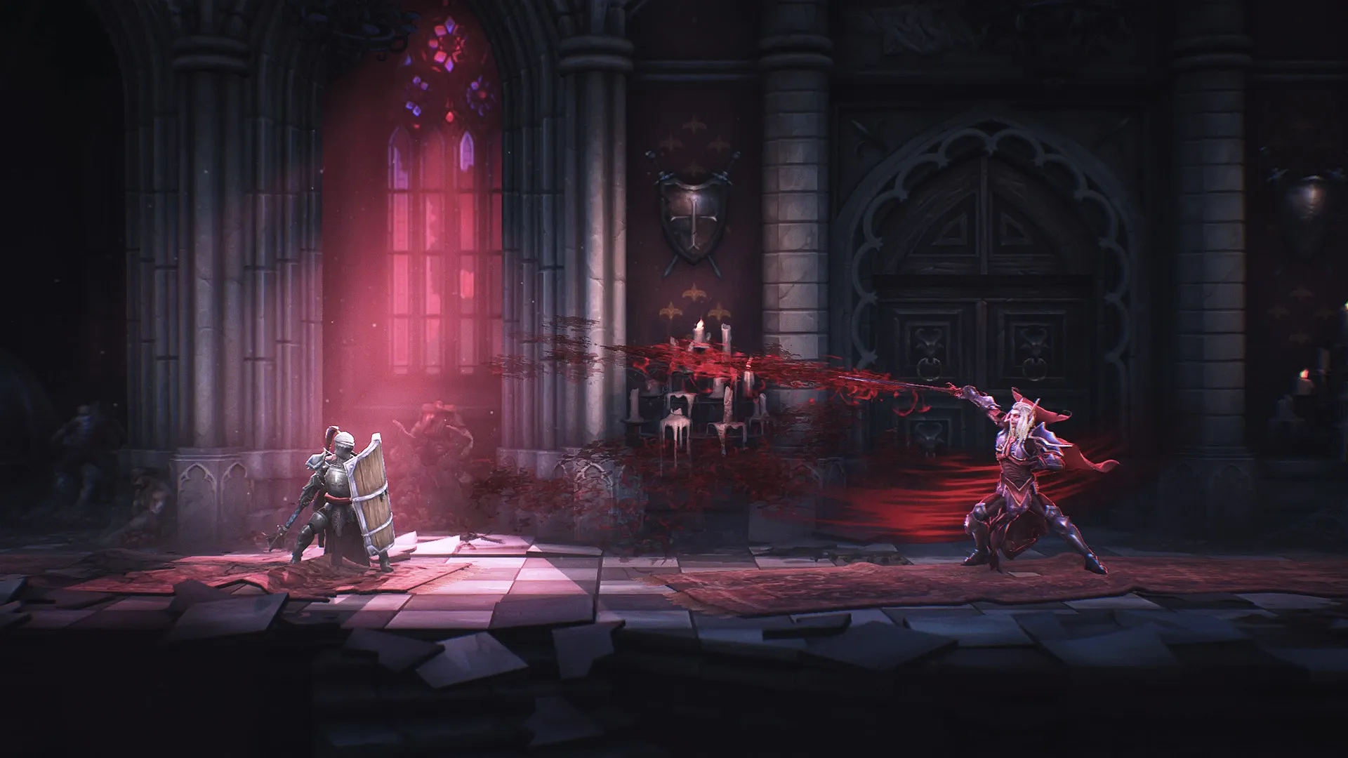 Mandragora: Knight defends against magic attack in a dark cathedral setting with red stained glass.