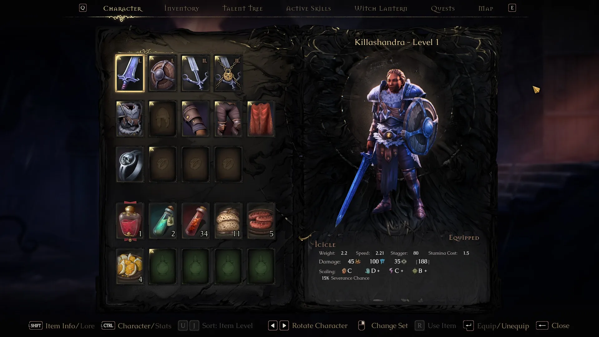 Mandragora: Character screen displaying Killashandra's inventory and equipped armor in dark interface.
