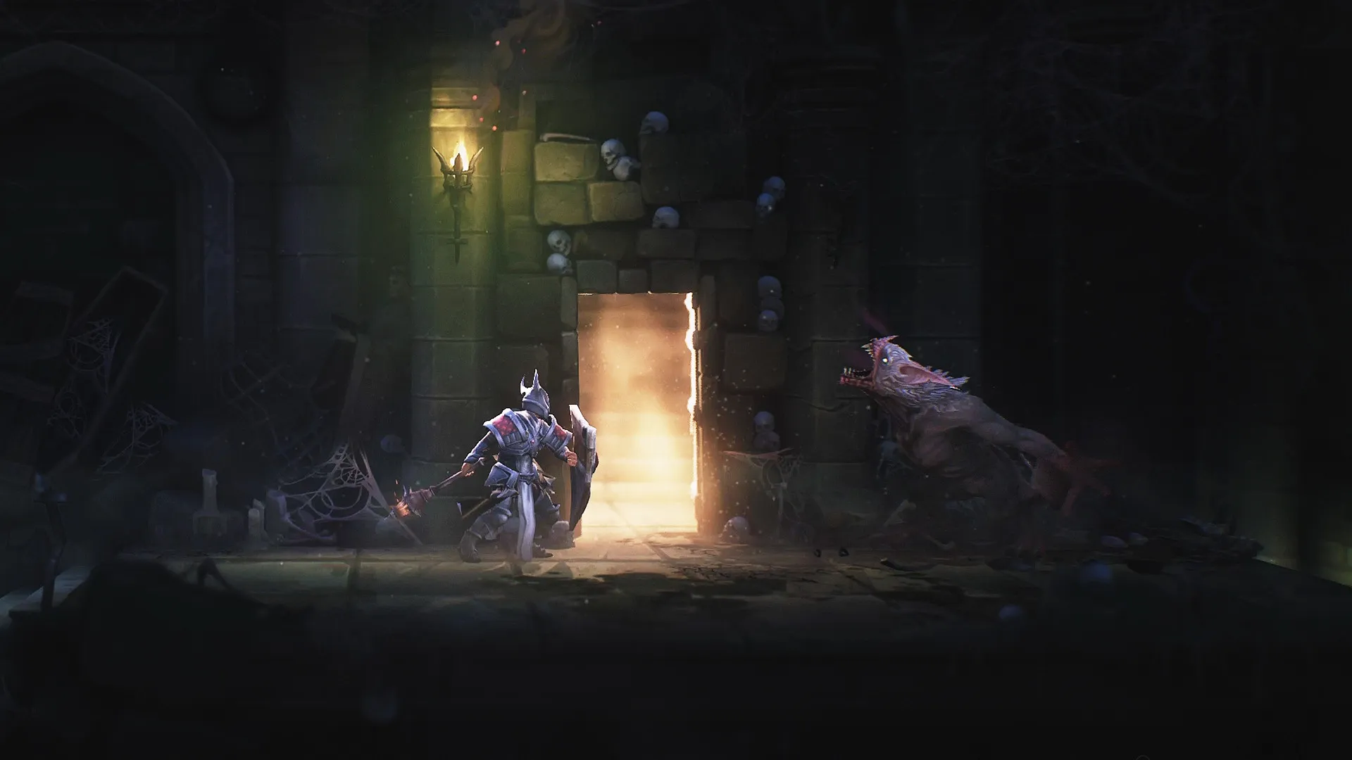 Mandragora: Armored warrior faces grotesque monster in dimly lit dungeon with glowing doorway