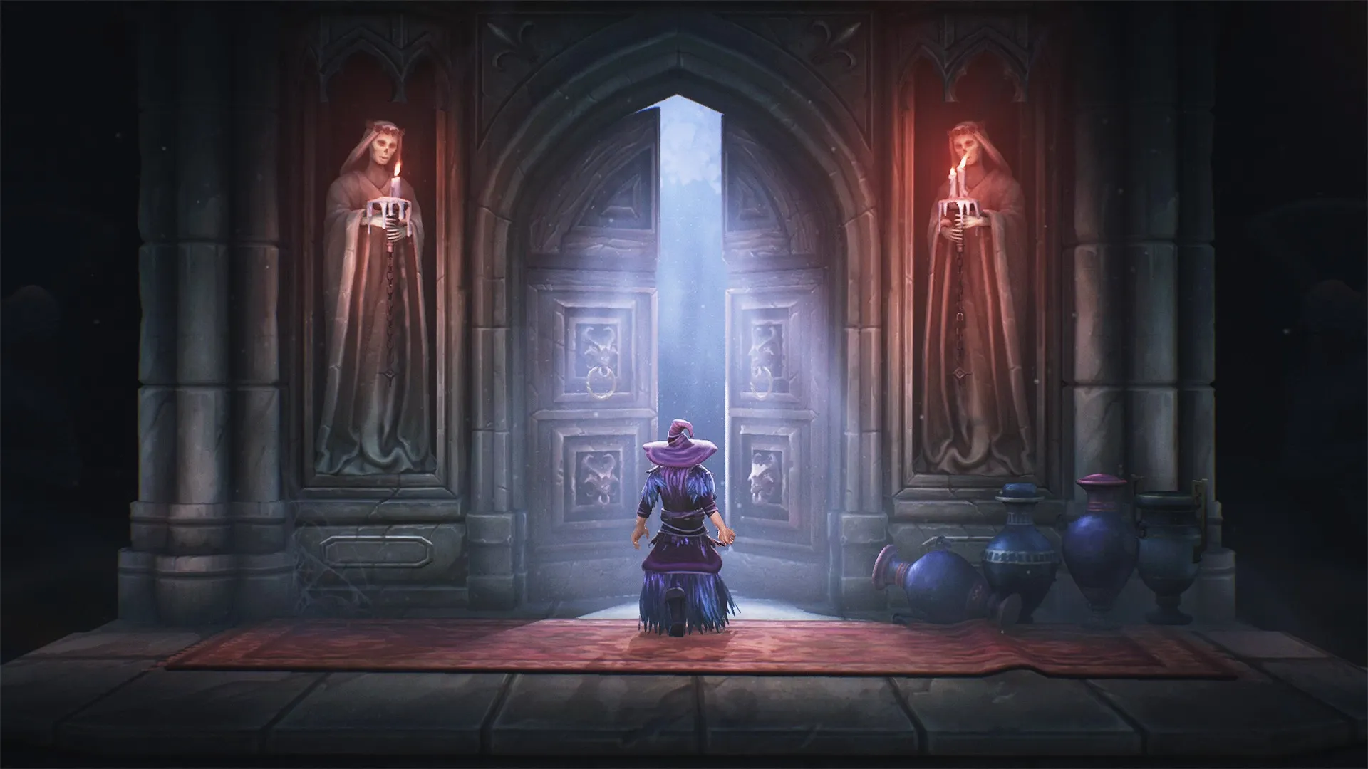 Mandragora: Character in wizard attire approaches large, ornate doors flanked by candlelit statues