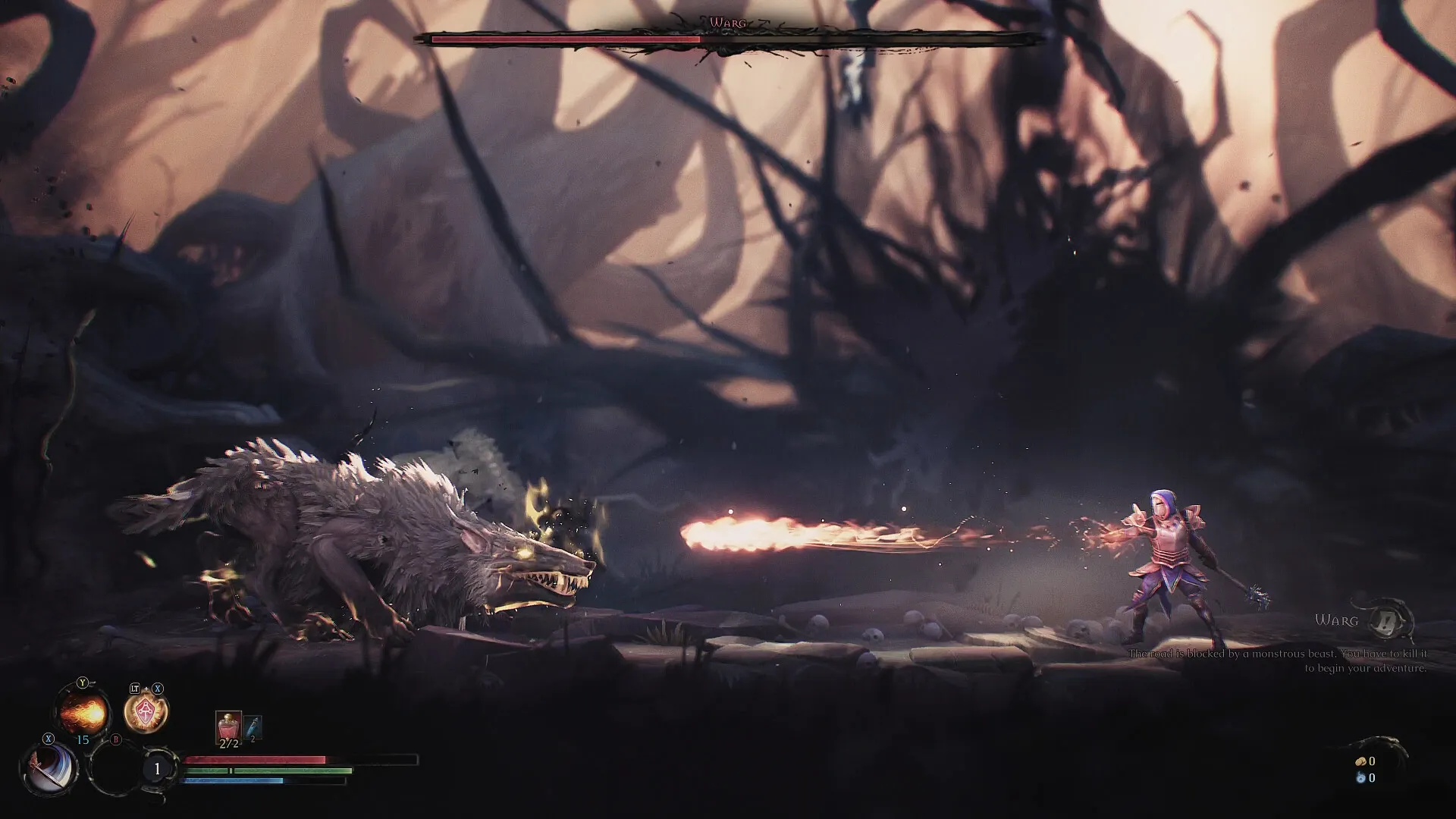 Mandragora: Player character battles a Warg with fire magic in a dark, twisted forest setting.