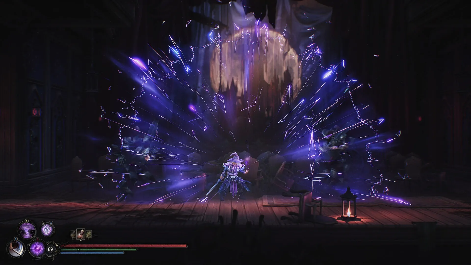 Mandragora: Player casts powerful purple spell in dark, ornate interior with combat interface visible.