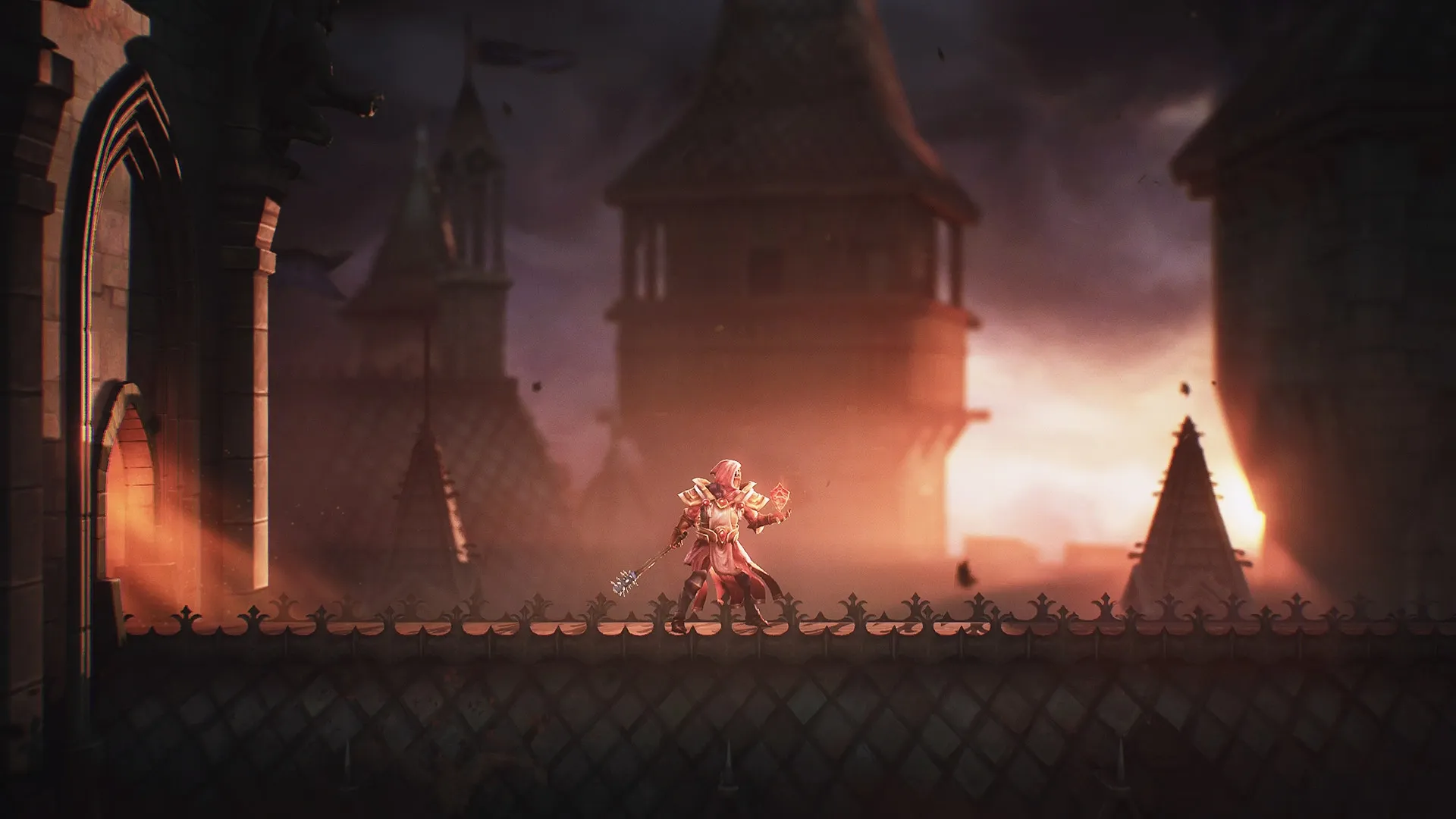 Mandragora: Armored character on castle rooftop at sunset with dramatic sky and towering spires
