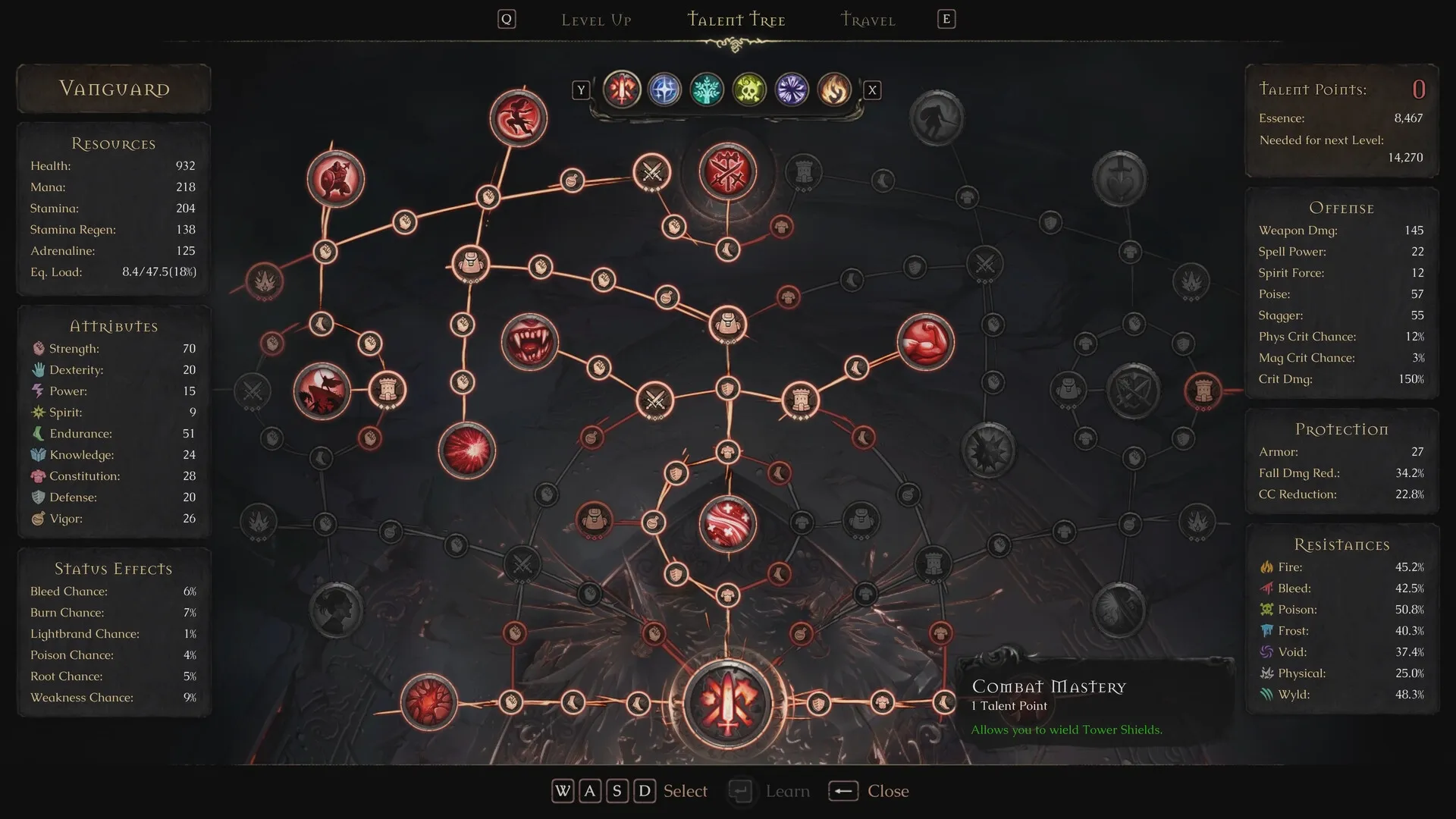 Mandragora: Talent tree interface displaying attributes, resources, and abilities for character customization