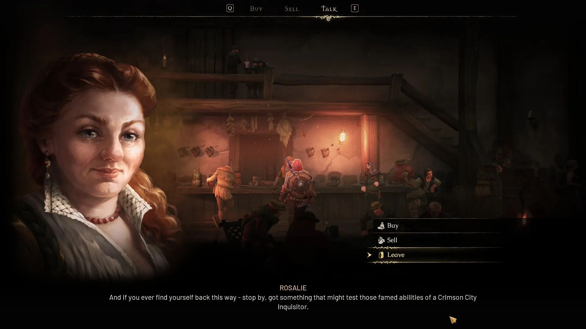 Mandragora: Rosalie dialogue interface in a dimly lit tavern with buy, sell, and leave options.