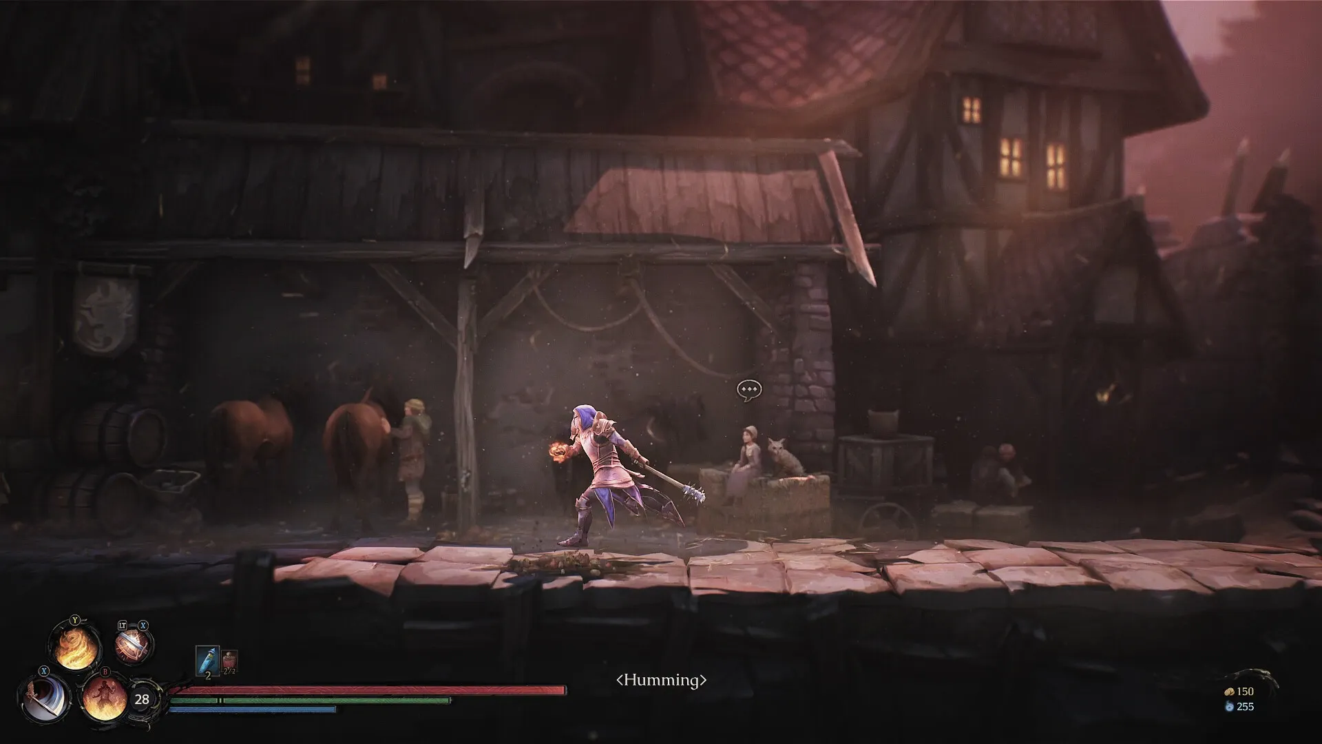Mandragora: Character with mace explores village street with horses and NPCs in background