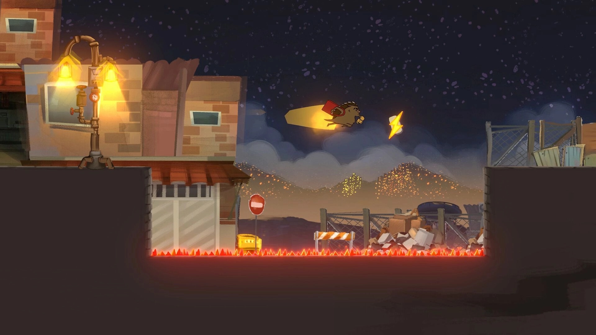 Mangut: Gil swinging above spikes collecting power-ups in a night-time urban setting with barriers.