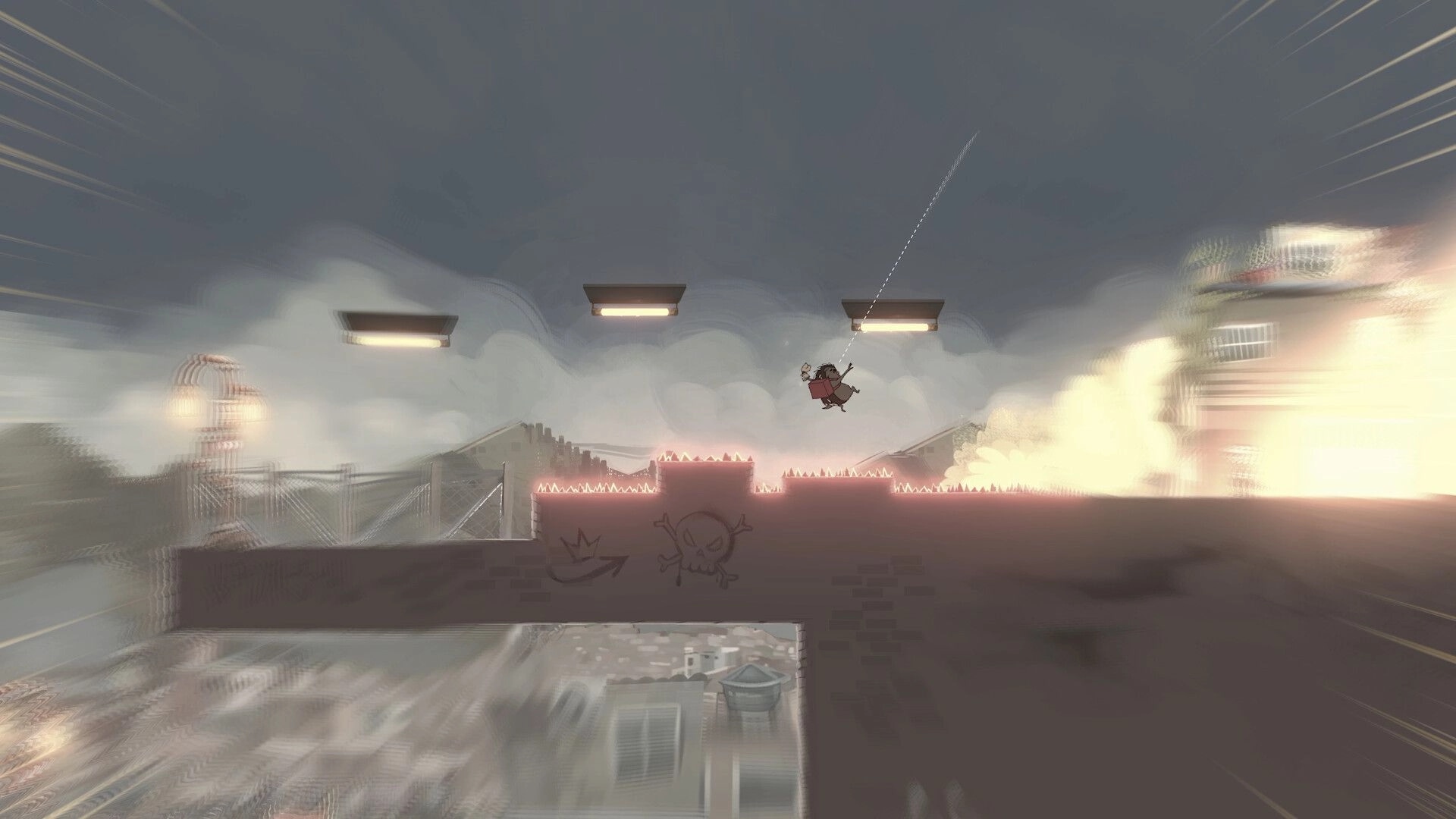 Mangut: Gil swings with a grappling hook over spiked platforms in a cloudy, hand-painted cityscape.