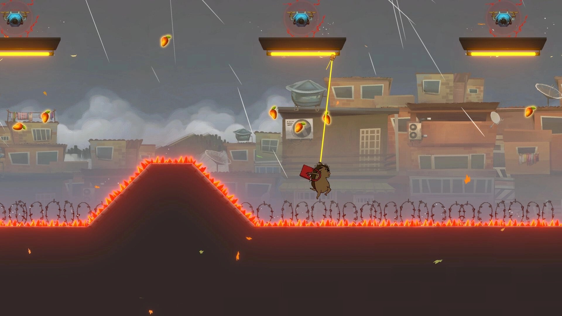 Mangut: Gil uses grappling hook to swing over fiery spikes in a stormy urban environment