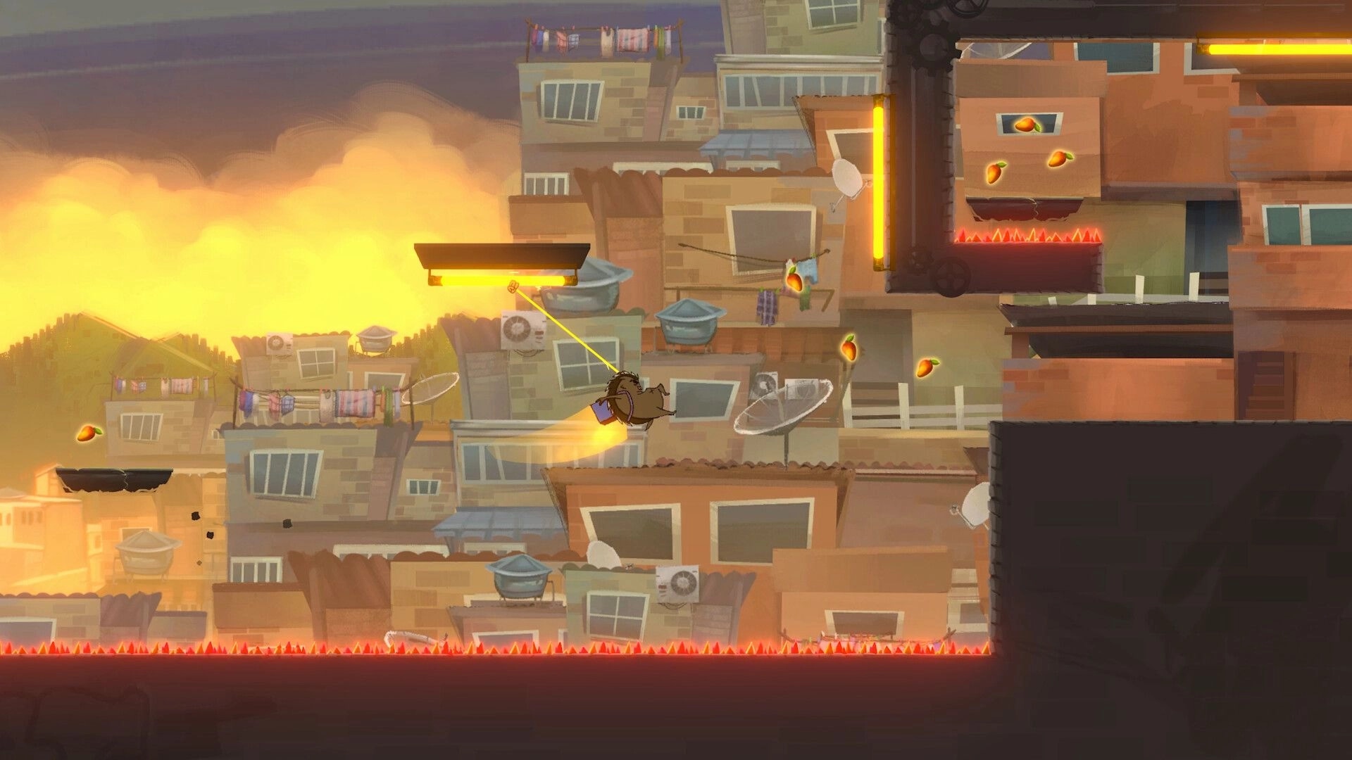 Mangut: Gil swings with grappling hook collecting items above rooftops in a vibrant urban environment