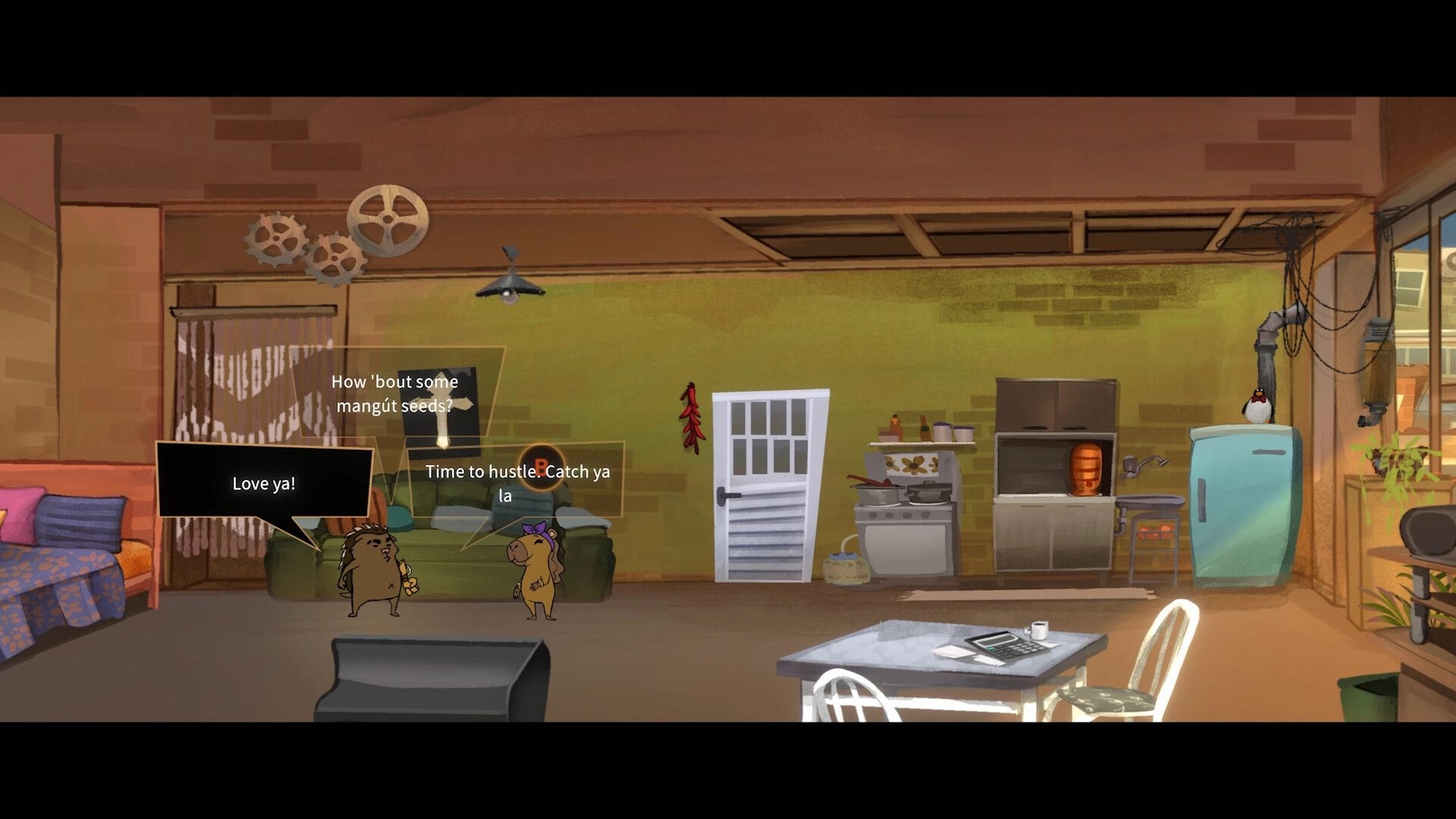 Mangut: Gil and friend chatting in a cozy kitchen with a table, fridge, and cooking area.