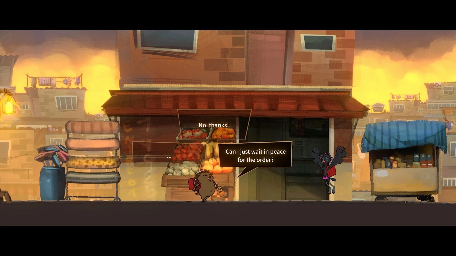Mangut: Gil stands by a fruit stall in a bustling market, engaging in dialogue with a bird character.