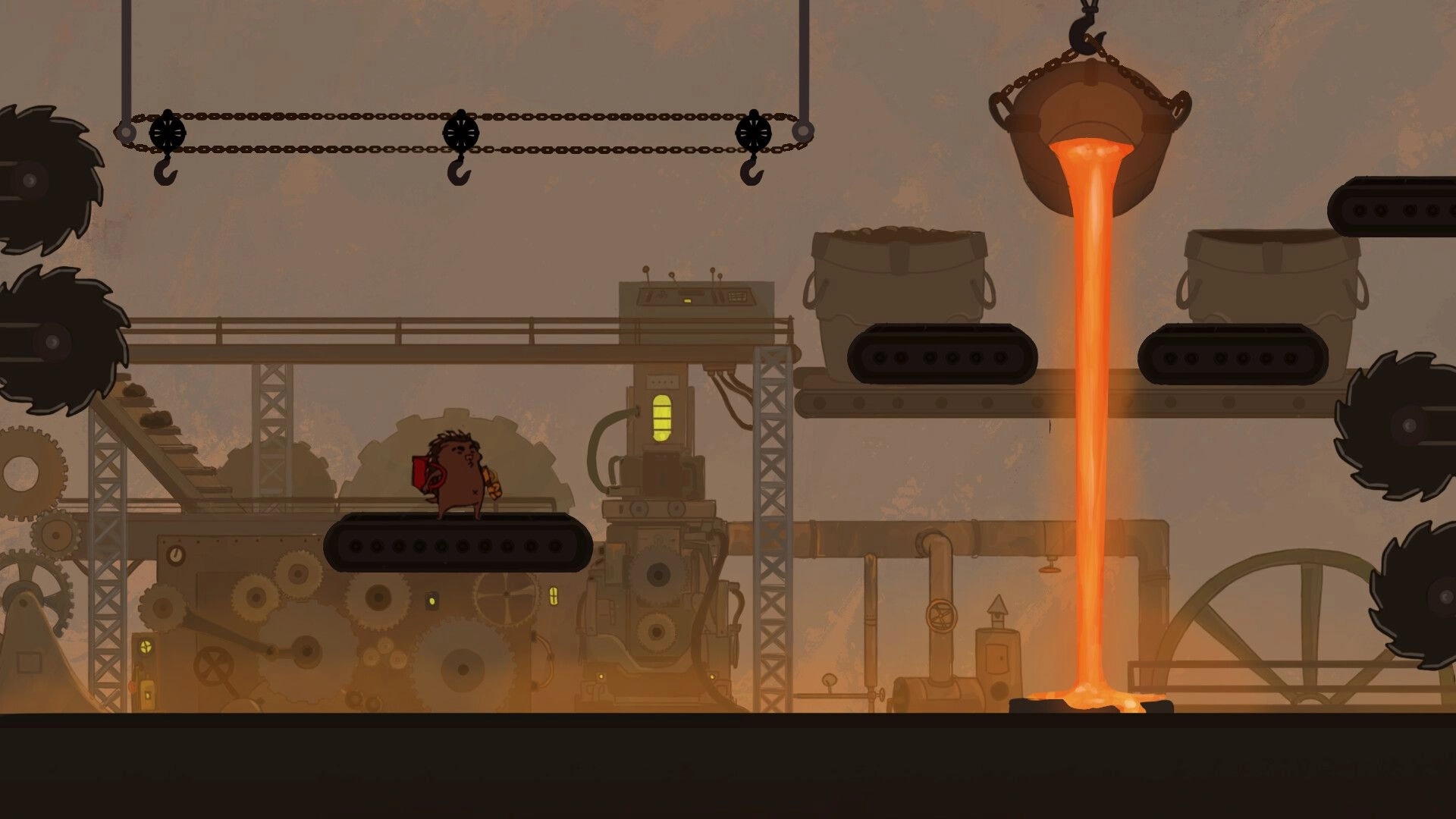 Mangut: Gil navigates conveyor belts and molten metal streams in a complex industrial factory setting.