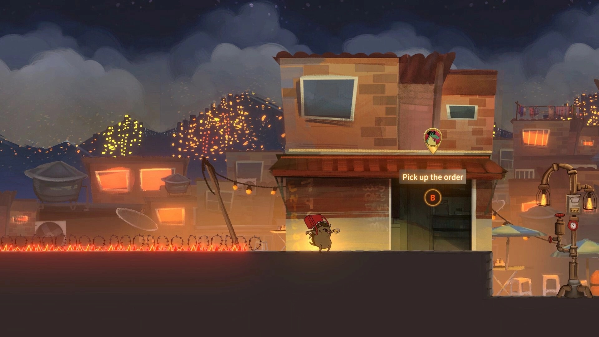 Mangut: Gil stands before a shop at night, prompt to "Pick up the order" with city lights in background.