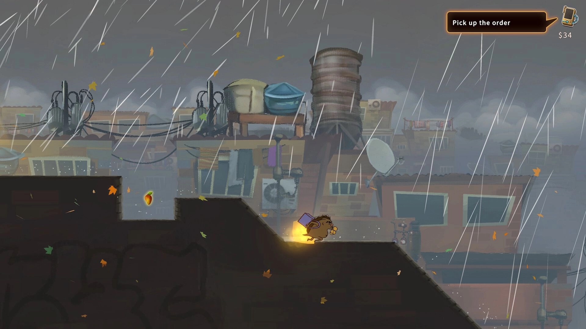Mangut: Gil races through rainy rooftops with a grappling hook, holding a package, $34 displayed.