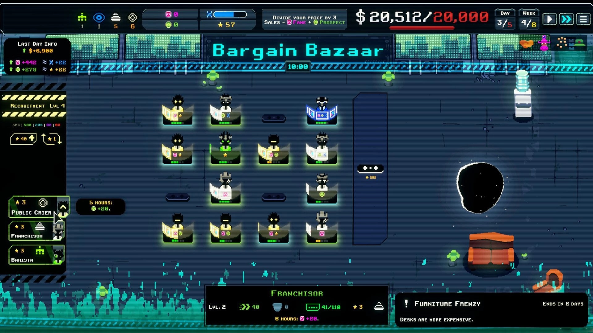 MANIFESTO: Employee grid at Bargain Bazaar with recruitment menu and financial stats on screen