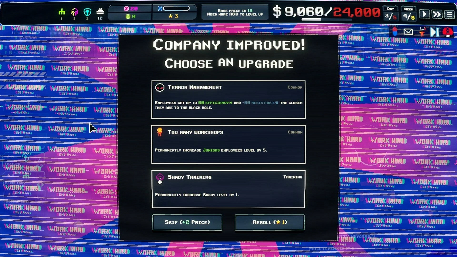 MANIFESTO: Upgrade selection screen with options for Terror Management, Too Many Workshops, Shady Training