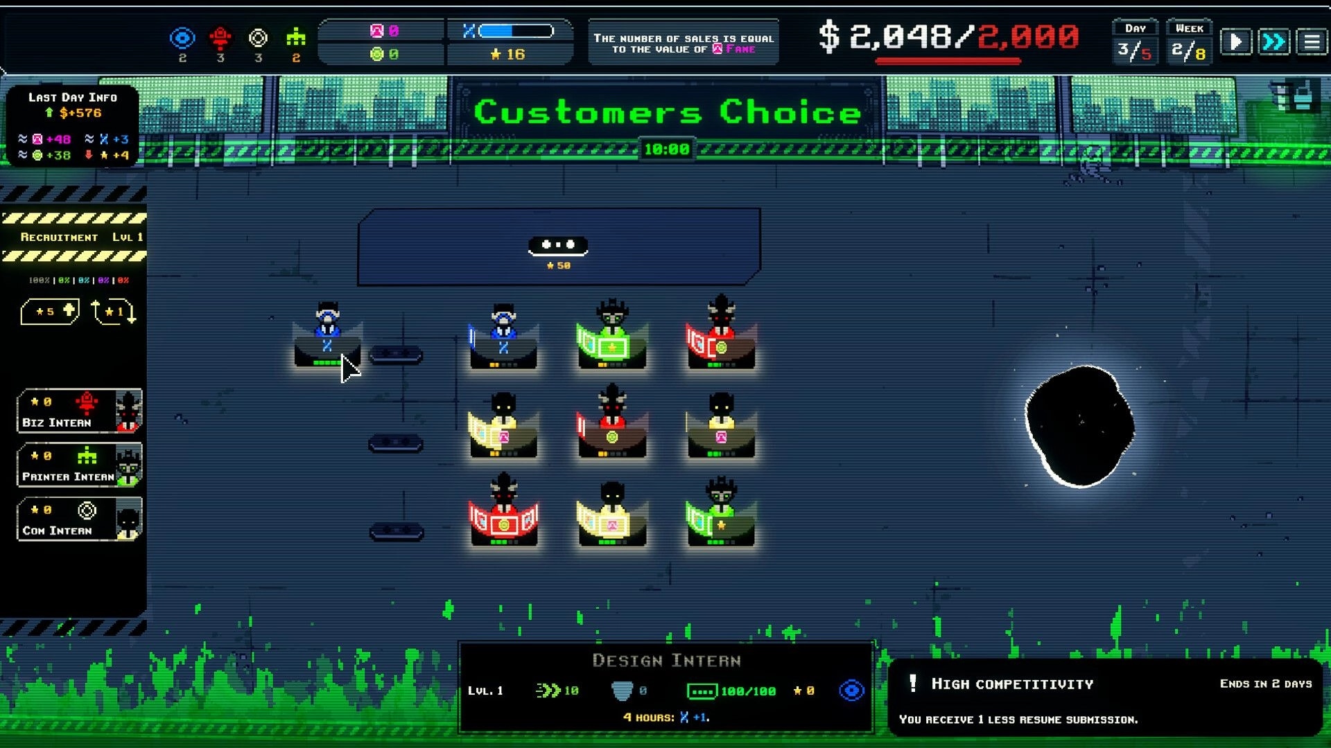 MANIFESTO: Employee selection interface with nine character options under "Customers Choice" banner.