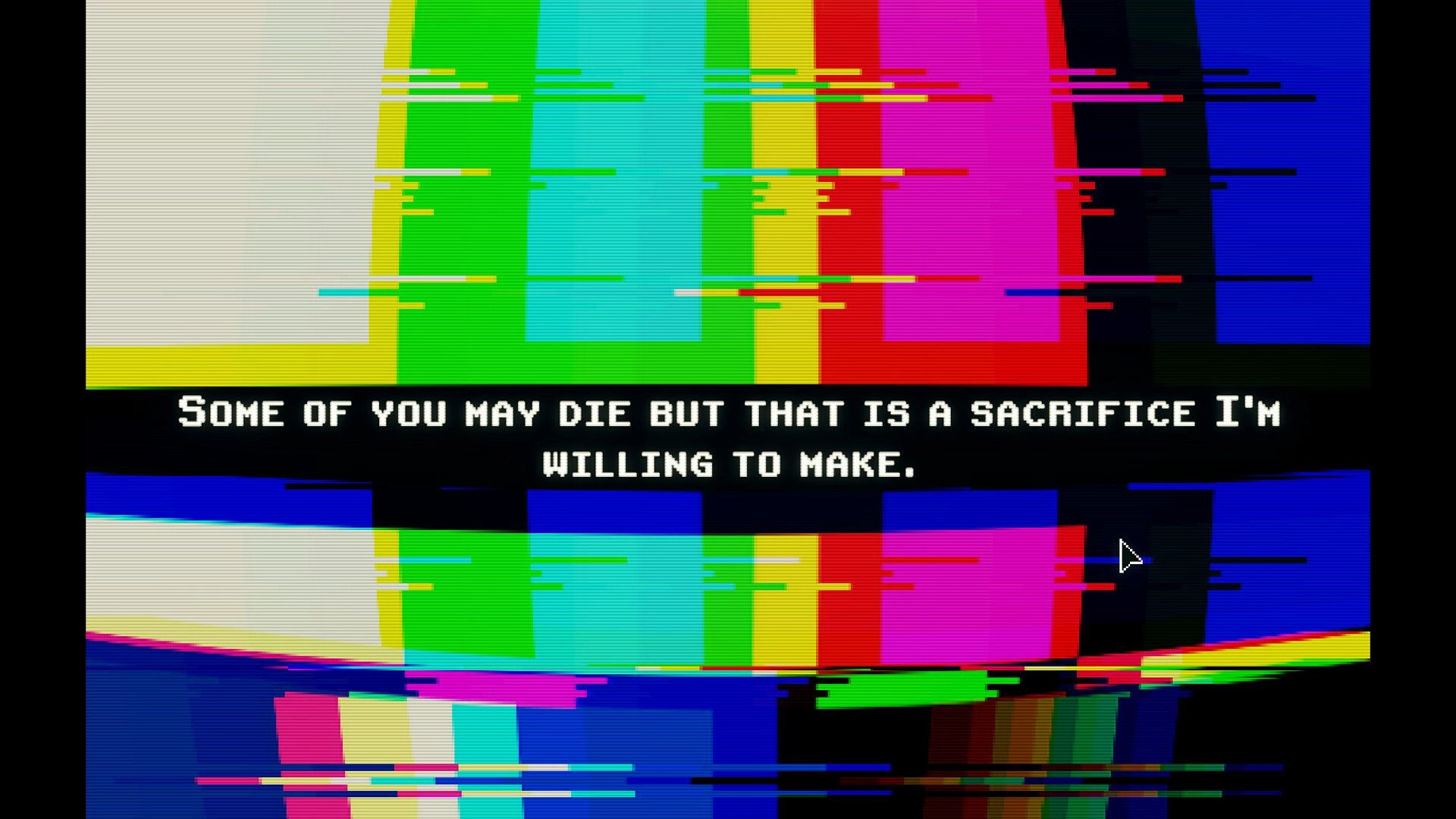 MANIFESTO: Glitched screen with bold text overlay stating a dark message about sacrifice and survival.