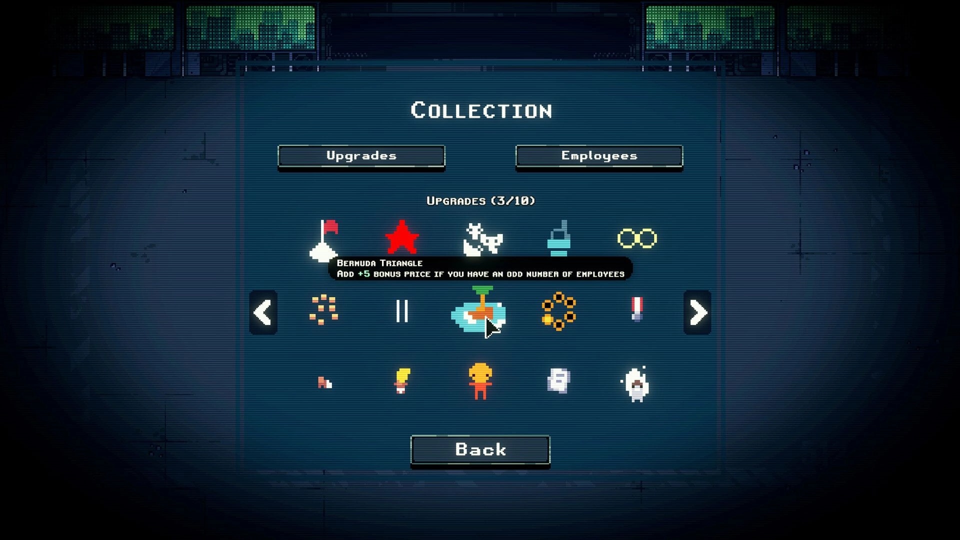 MANIFESTO: Collection menu displaying upgrades and employees icons with a highlighted Bermuda Triangle upgrade