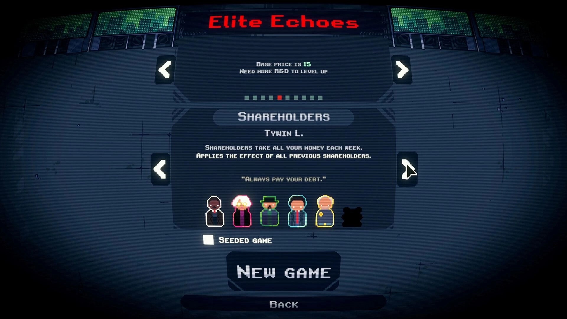 MANIFESTO: Shareholders menu with character selection and new game option in dark futuristic interface