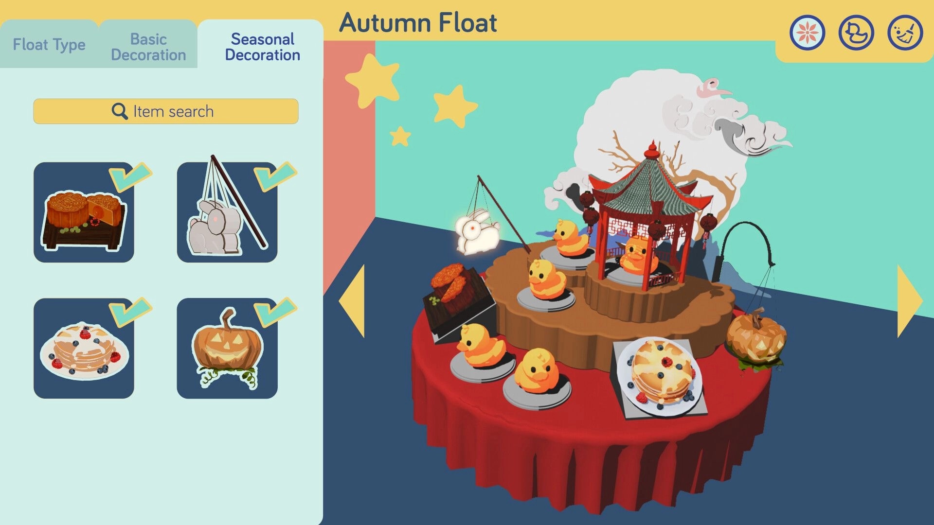 Many Ducks: Autumn Float decoration menu with item icons and duck parade float preview on right.