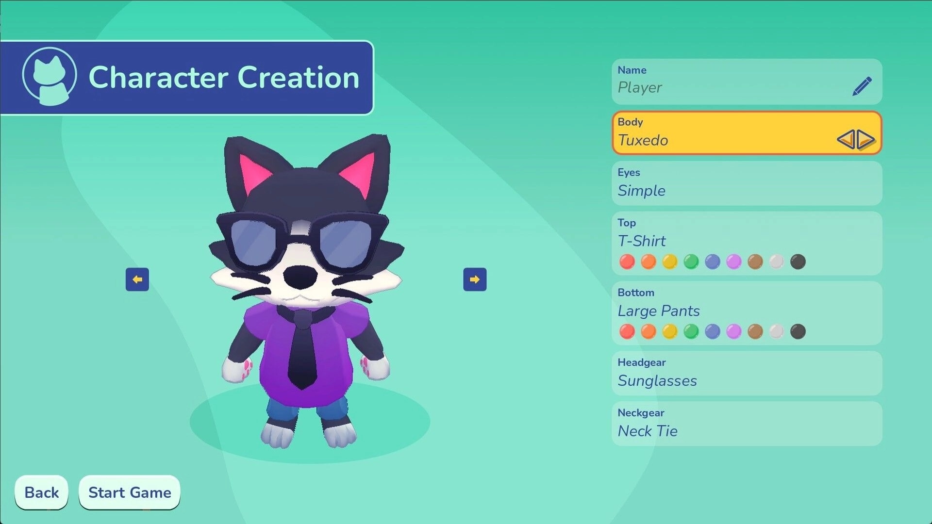Many Ducks: Character creation menu with cat avatar in sunglasses and clothing options on teal screen.