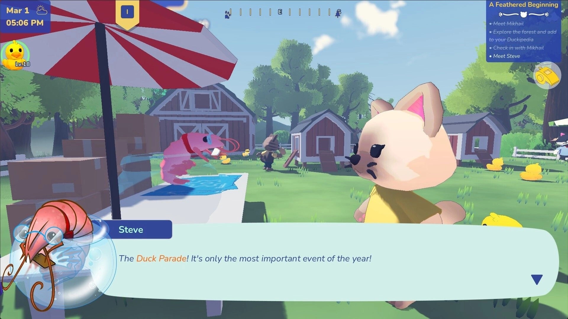 Many Ducks: Dialogue with Steve at a ranch with barns, ducklings, and quest list UI visible.