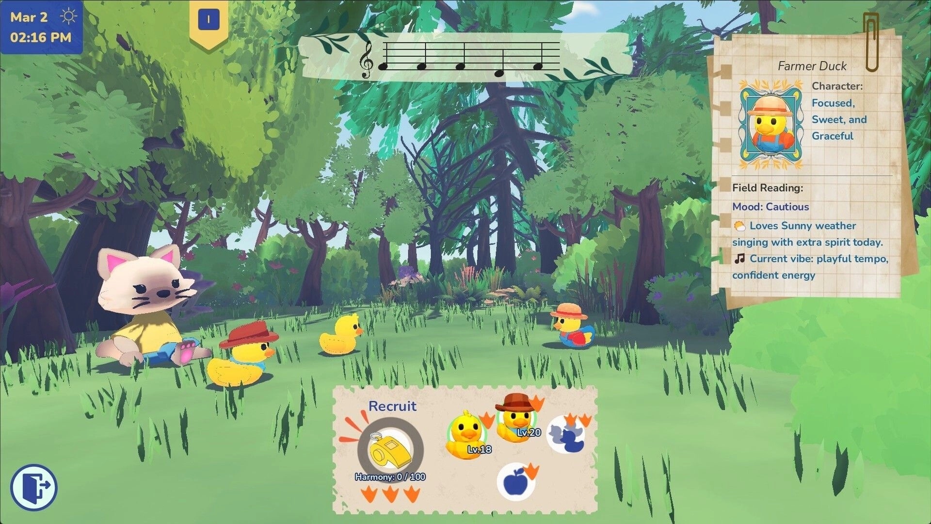 Many Ducks: Recruit menu open as ducklings gather near a cat NPC in a sunny forest clearing.