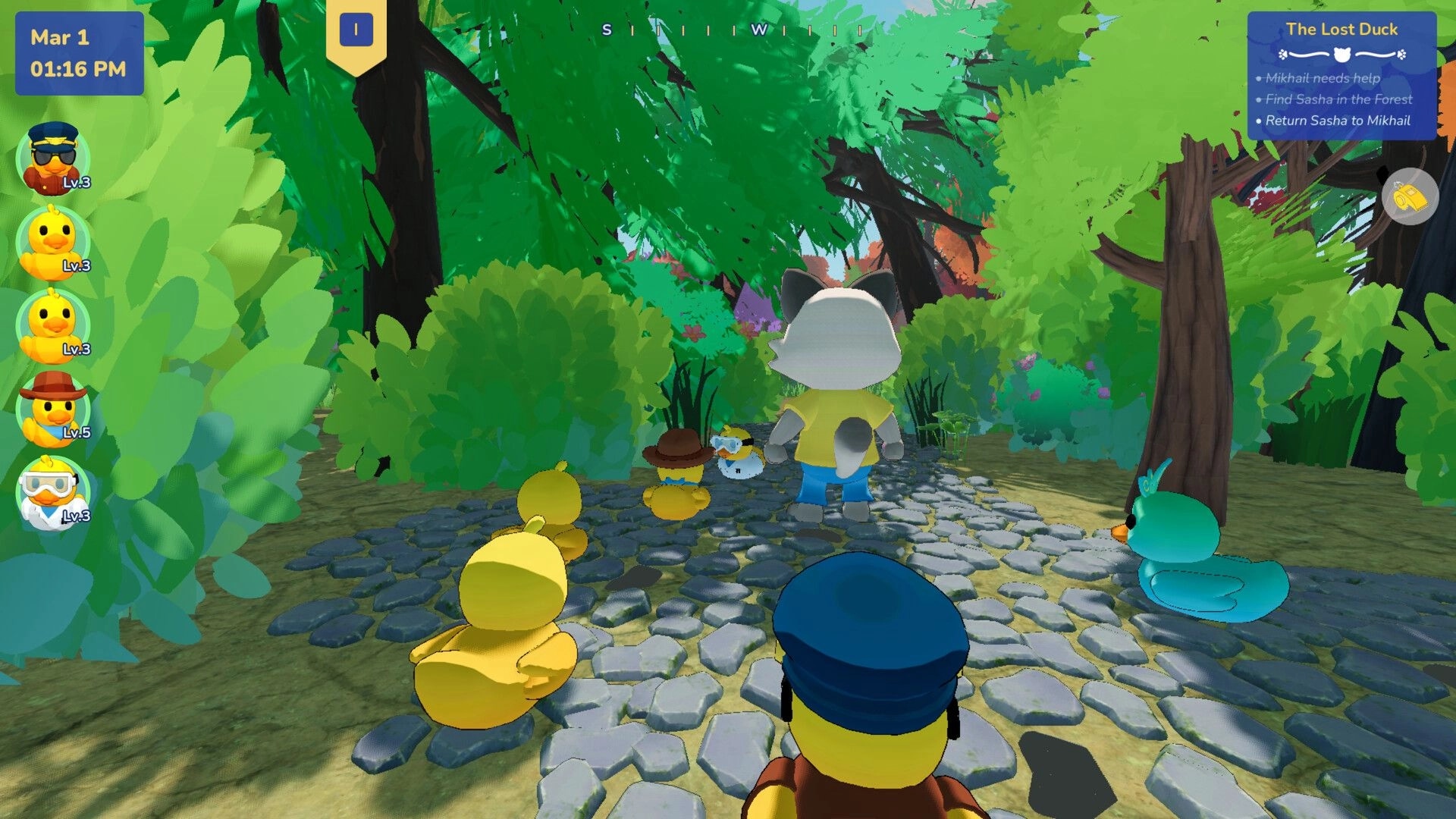 Many Ducks: Duck party follows a cat NPC on a cobblestone forest path with quest tracker UI visible.