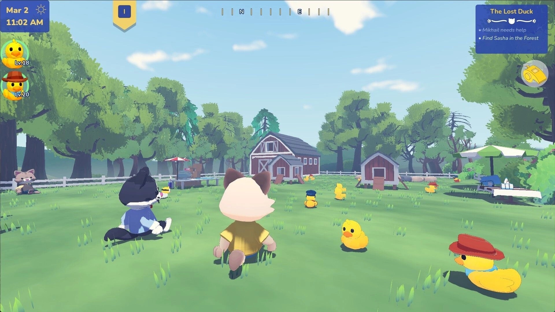 Many Ducks: Cat rancher watches ducklings near barn and coop, quest tracker and time UI in view.