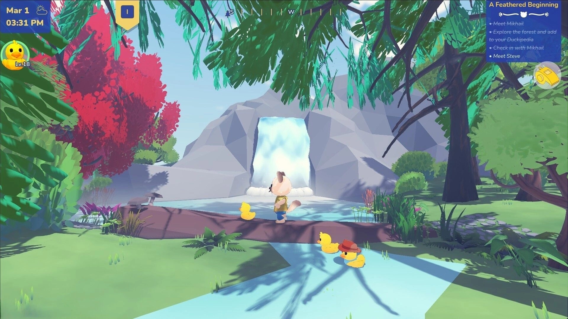 Many Ducks: Player stands by a waterfall with ducklings nearby, quest list and time UI in forest.
