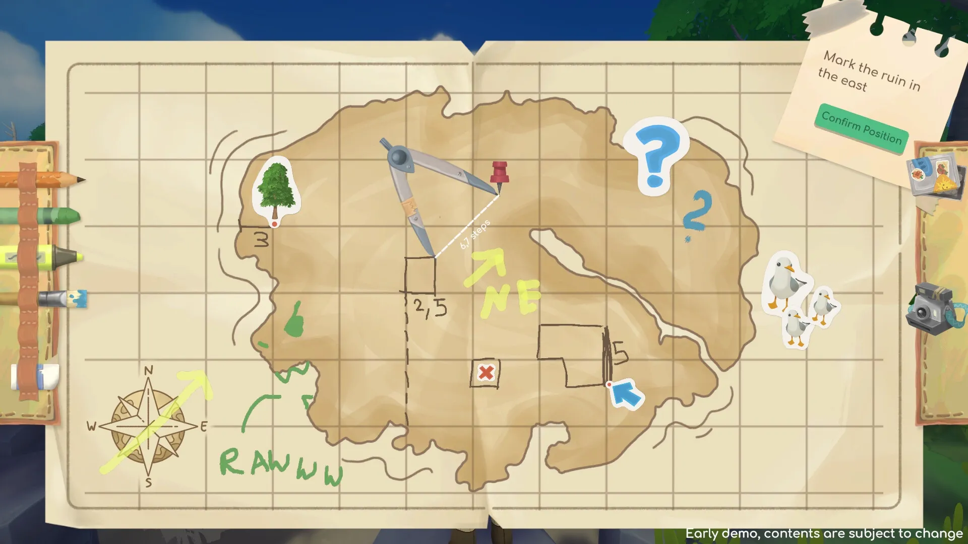 Map Map: Open map with compass, markers, and task note in a cartographer's island adventure setting.