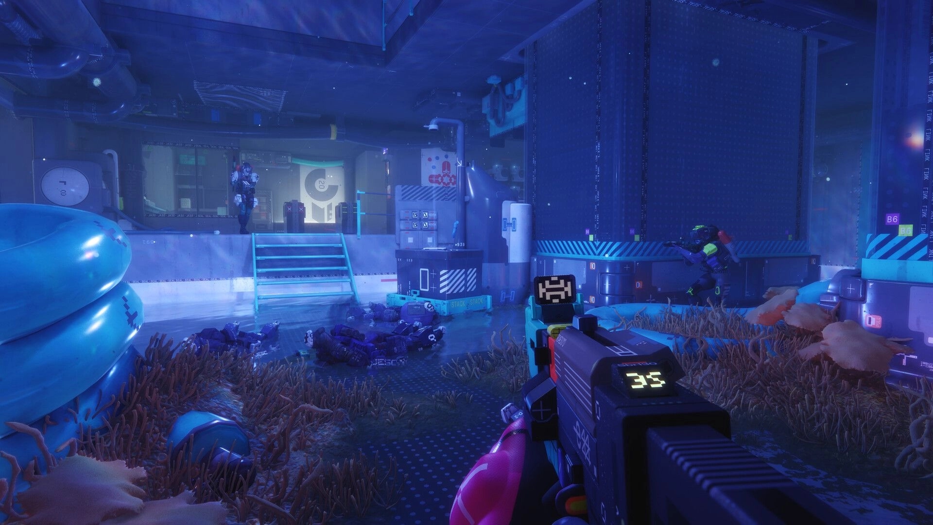 Marathon: First-person firefight with ammo counter 35, bodies on floor in a blue-lit lab room.