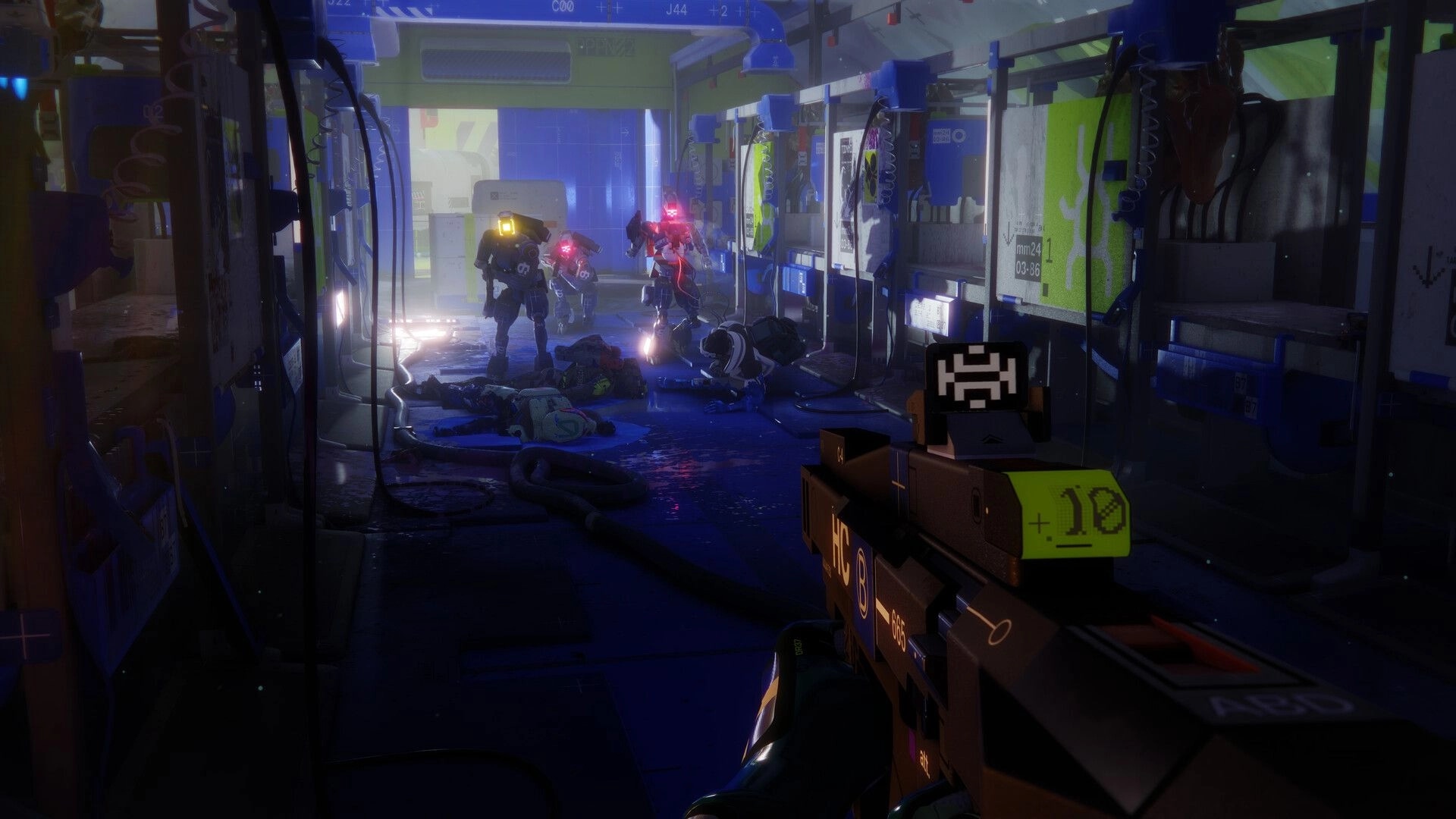 Marathon: First-person rifle aimed at armored enemies amid bodies in a neon-lit industrial corridor.