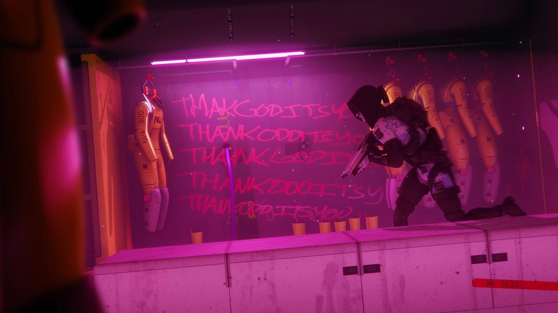 Marathon: Armored runner aiming rifle by graffiti wall with hanging suits in neon-lit corridor.
