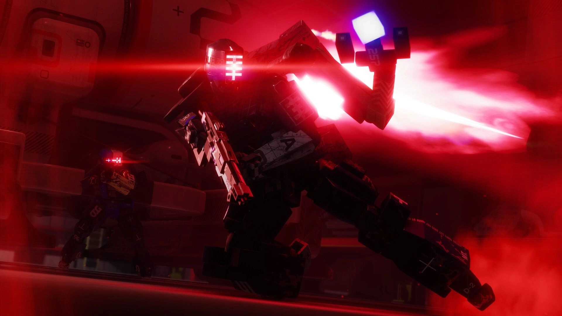 Marathon: Armored runner aiming rifle as red laser fire streaks through a dark sci-fi corridor.