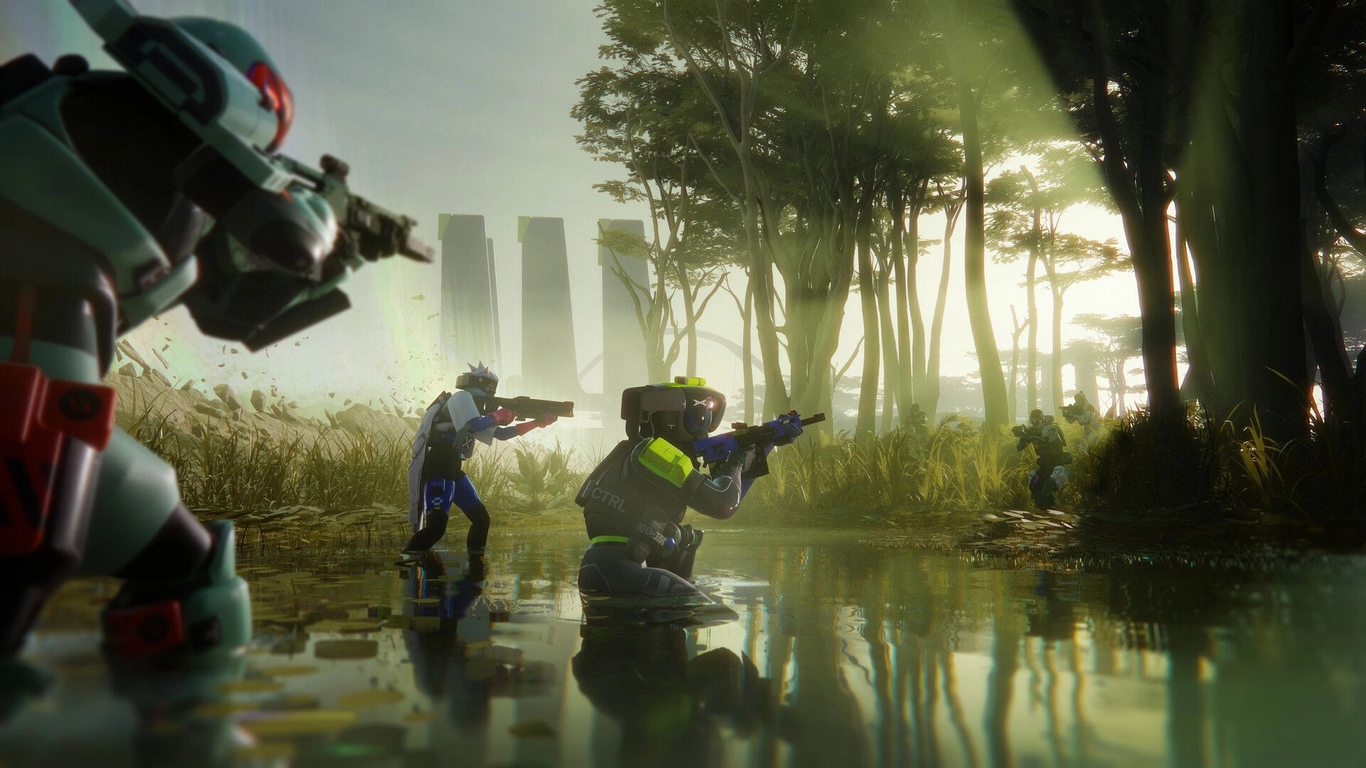 Marathon: Squad of armored runners aiming rifles in shallow water sunlit swamp forest clearing.