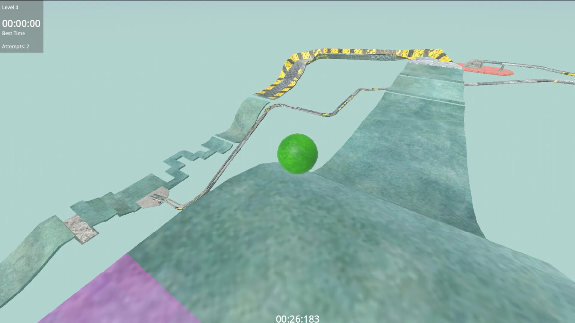 Marble Allstars: Green marble on winding track with timer and attempt count in pastel landscape environment