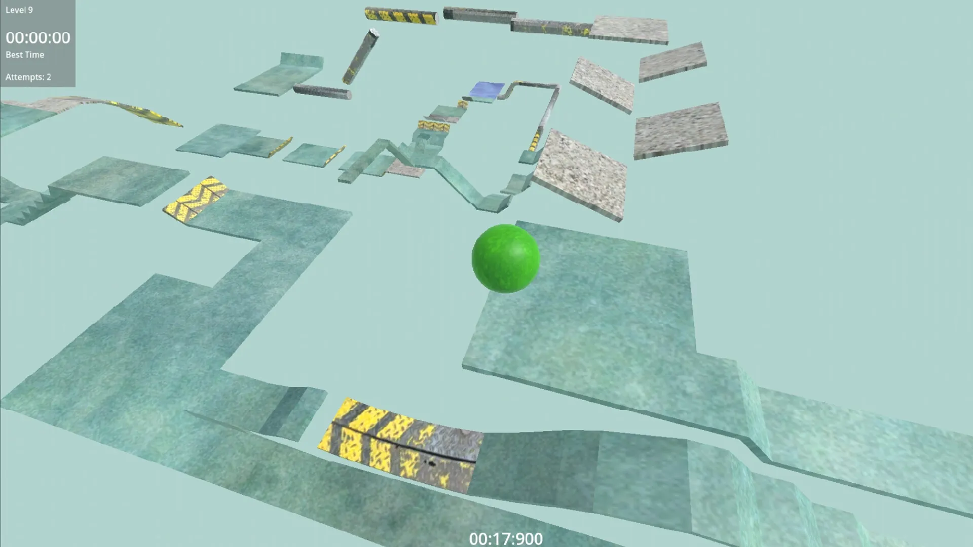 Marble Allstars: Green marble navigating complex platforms on Level 9 with timer and attempts displayed