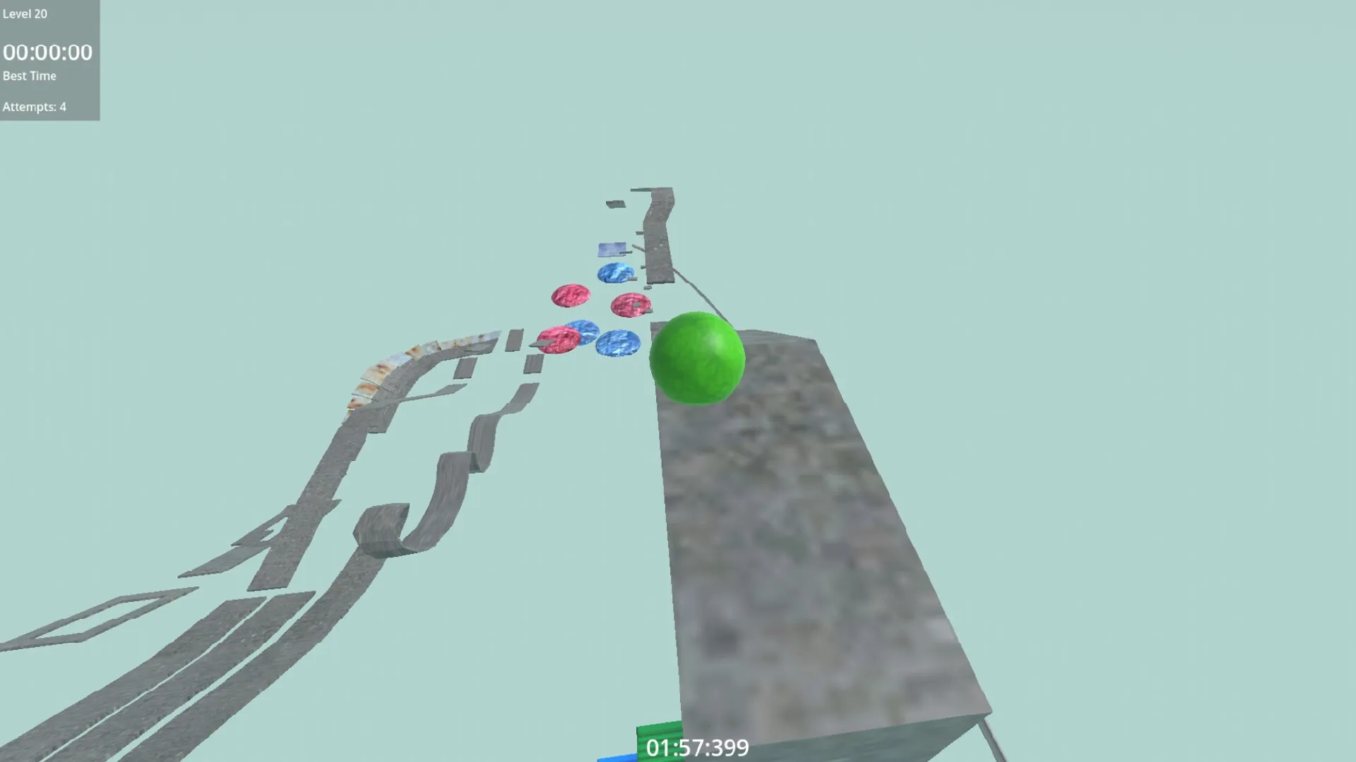 Marble Allstars: Green marble navigating a narrow platform with red and blue gems in the sky environment