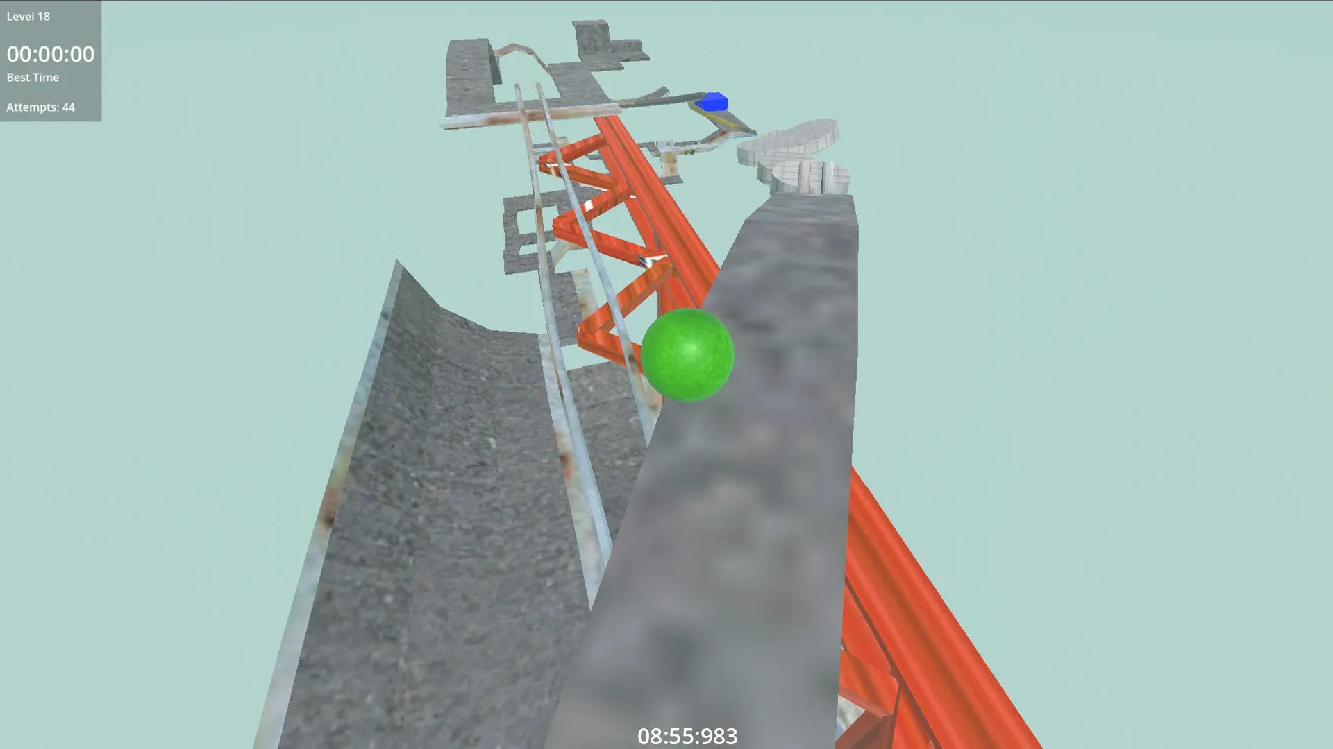 Marble Allstars: Green marble navigating complex track with time and attempt counters in top corner
