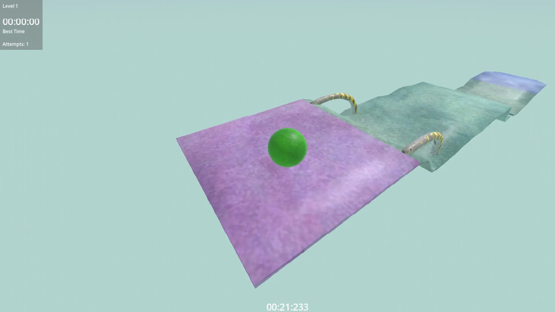 Marble Allstars: Green marble rolls on pastel platform with time and attempt data displayed on screen