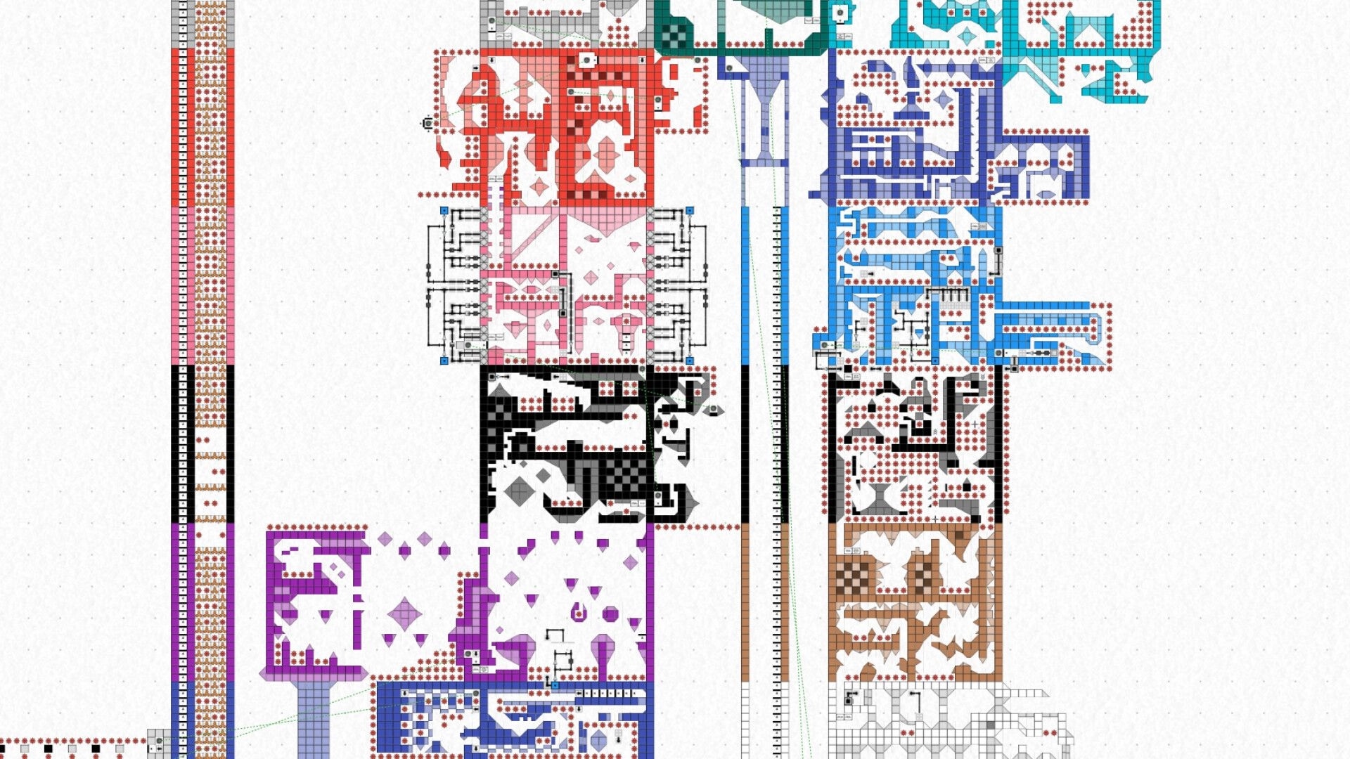 marblebuilds: Overhead view of a huge color-coded marble maze build on an infinite grid canvas.