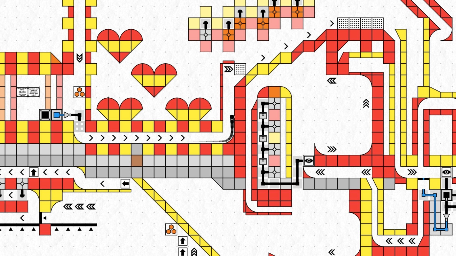 marblebuilds: colorful block-built marble track with arrow conveyors and gates on a dotted grid canvas.